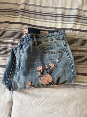 ONLY Light Blue Denim Jeans with Pink Rose Embroidery